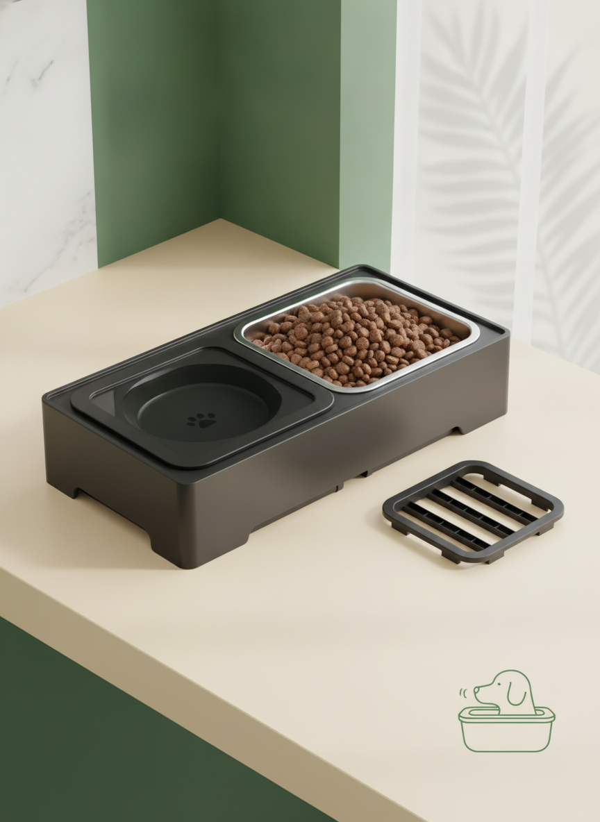 Elevated dog bowls in a flat-lay product shot, showing their adjustable height design on a cream surface with forest green an