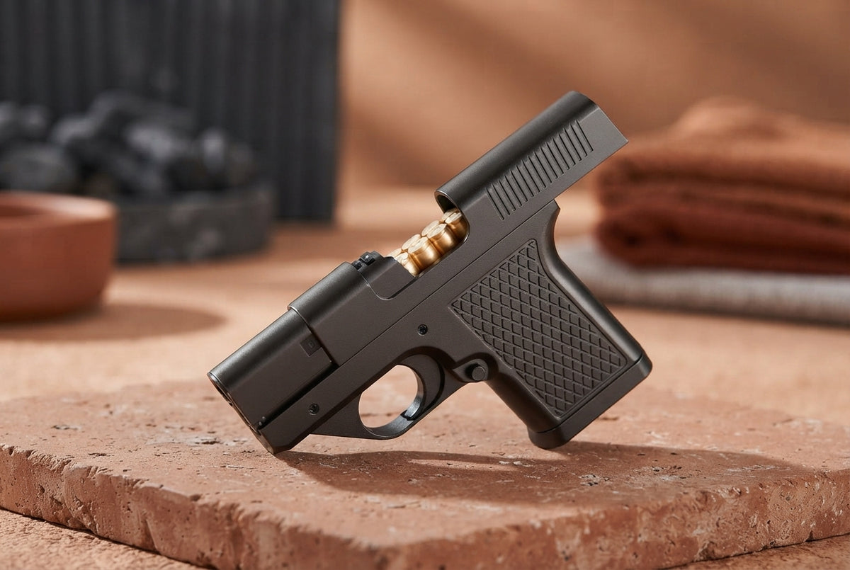 A modern black metal gun-style windproof lighter placed on a textured terracotta surface in a minimalist setting.