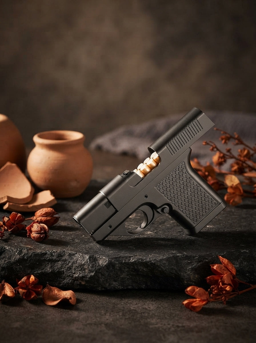 A modern metal gun-type lighter sitting on a charcoal stone surface with terracotta and burnt sienna decor elements.